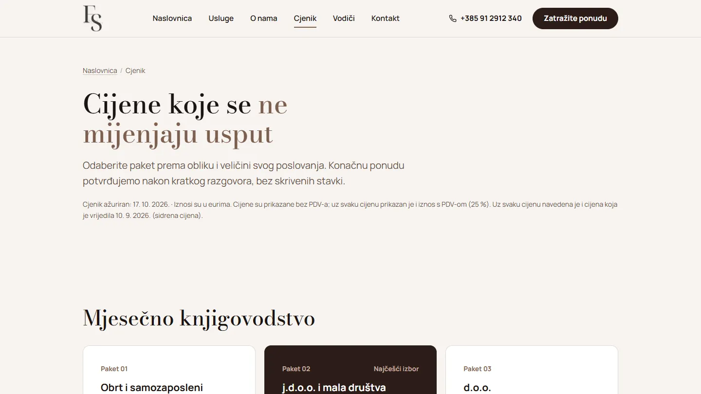 Cjenik na web-stranici Fin Sight Consulting